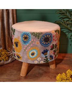 FLORAL LUXE MANGO WOOD STOOL VELVET FABRIC WITH HAND EMBROIDERY AND FILLER GREY