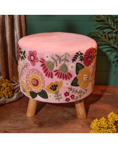 FLORAL LUXE MANGO WOOD STOOL VELVET FABRIC WITH HAND EMBROIDERY AND FILLER PINK