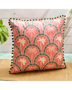 PALM PARADISE PINK TREE PATTERN PRINTED POLYESTER VELOUR CUSHION WITH GREEN POM POMS AND ZIP