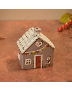 COTTAGE STONEWARE HANDPAINTED GREY WITH BUNTING TEA LIGHT HOLDER