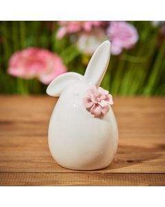 SPRING BUNNY ORNAMENT WHITE CERAMIC WITH PINK 3D FLOWER
