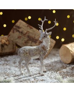 FROSTED FOREST RESIN DEER ORNAMENT WITH EMBOSSED SNOWFLAKE AND POINSETTIA