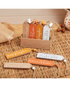 AUTUMN PUMPKIN TAG 4 ASSTD 36/TRAY WOODEN WITH BEADED STRING