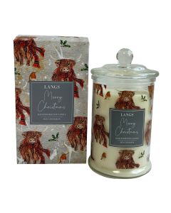 HIGHLAND COW WITH TARTAN SCARF 280G GLASS JAR CANDLE RED CINNAMON GIFT BOXED
