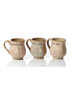 SHEEP MUG 3 ASSTD WITH EWE QUOTE NATURAL EMBOSSED STONEWARE