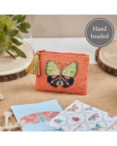 BEADED BUTTERFLY PURSE CORAL FABRIC WITH GOLD TASSEL ZIP