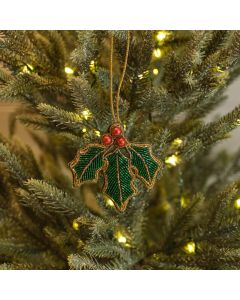 HOLLY LEAVES HAND BEADED FABRIC CHRISTMAS HANGER