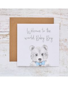 BABY BOY WELCOME CARD TEDDY WITH BLUE BOW TIE