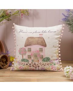 THERE'S NO PLACE LIKE HOME COTTAGE GARDEN CUSHION WITH POM POMS