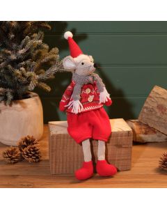 CHRISTMAS FABRIC MICE GREY WITH RED FAIR ISLE OUTFIT SHELF SITTER