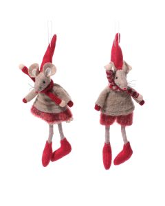CHRISTMAS MOUSE TEXTILE BOY AND GIRL RED AND NEUTRAL HANGER 2 ASSTD