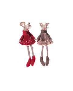 CHRISTMAS MOUSE TEXTILE TAUPE AND RED SPOT DRESS WITH SCARF 2 ASSTD SHELF SITTER