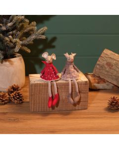 CHRISTMAS MOUSE TEXTILE TAUPE AND RED SPOT DRESS WITH SCARF 2 ASSTD SHELF SITTER