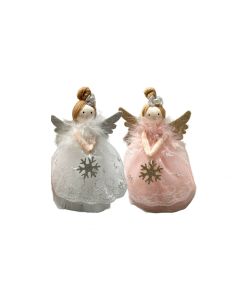 CHRISTMAS POLYESTER PINK AND WHITE FAIRY GIRL WITH SNOWFLAKE AND HAIR IN A BUN TREE TOPPER 2 ASSTD