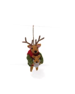 CHRISTMAS NOVELTY WOOL DRESSED REINDEER WITH BABY HANGER