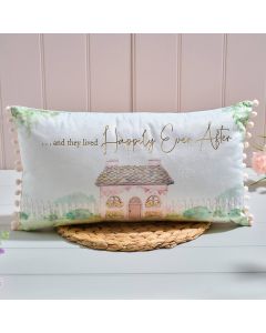COTTAGE GARDEN SCENE PRINTED GOLD FOIL HAPPILY EVER AFTER POLYESTER VELOUR CUSHION WITH POM POMS AND ZIP