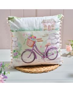 COTTAGE GARDEN SQUARE BICYCLE SCENE PRINTED POLYESTER VELOUR CUSHION WITH POM POMS AND ZIP