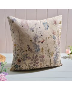 COTTAGE GARDEN LINEN/FLAX BLEND FOLIAGE AND INSECTS PRINTED SQUARE CUSHION