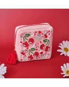 CHERRY LOVE COTTON VELVET WITH GLASS BEADS SQUARE POUCH
