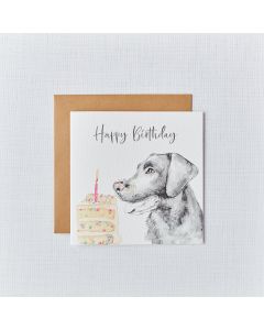 LABRADOR DOG BIRTHDAY CARD GREYSCALE WATERCOLOUR WITH CAKE