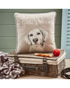 GOLDEN RETRIEVER DOG CUSHION GREYSCALE VELOUR FABRIC WITH QUOTE