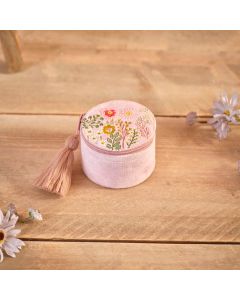 DITSY FLORAL VELVET FABRIC EMBROIDERY AND GLASS BEADS ROUND JEWELLERY BOX