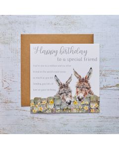 DONKEY FRIEND BIRTHDAY CARD WITH STONE WALL & DAFFODILS