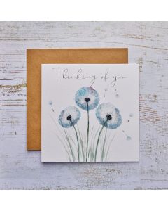 THINKING OF YOU SYMPATHY CARD WHITE WITH BLUE DANDELIONS