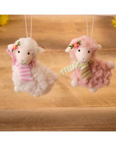 MEADOW FRIENDS DECORATIVE WOOLLY PINK AND WHITE HANGING SHEEP WITH SCARF 2 ASSTD