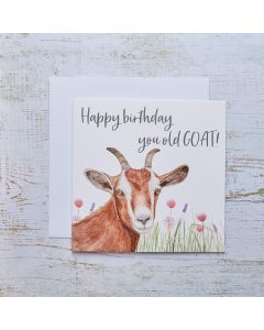 OLD GOAT BIRTHDAY CARD WHITE WITH BROWN GOAT & LAVENDER