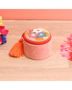 BOLD FLORAL COTTON VELVET WITH GLASS BEADS ROUND JEWELLERY BOX