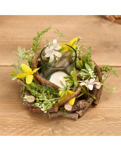 TWIG EFFECT CANDLE HOLDER WITH FAUX FOLIAGE AND YELLOW FLOWERS