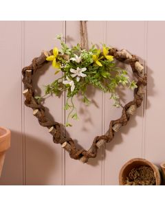 TWIG EFFECT HEART WREATH WITH FAUX FOLIAGE AND YELLOW FLOWERS