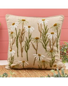 DAISY FLORAL NATURAL BASE EMBROIDERED 100% COTTON SQUARE CUSHION