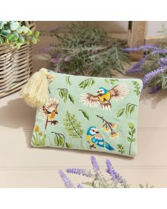 FLORAL FEATHERED EMBROIDERED VELVET POUCH WITH TASSEL