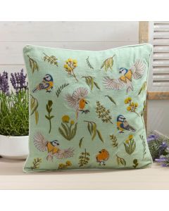 FEATHERED BIRDS WITH FLOWERS EMBROIDERED 100% COTTON SQUARE CUSHION