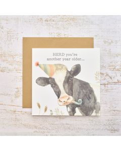 HERD YOU'RE ANOTHER YEAR OLDER FRIESIAN COW WITH PARTY HAT CARD