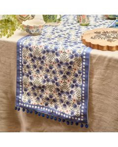 FLOURISH & FOLIAGE ALLOVER PRINT POLYESTER/LINEN BLEND TABLE RUNNER WITH POM POMS