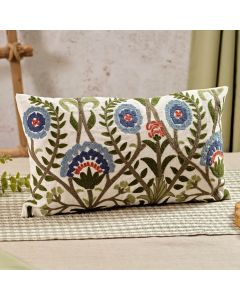 FLOURISH AND FOLIAGE 100% COTTON FOLK FLORAL EMBROIDERED RECTANGULAR CUSHION
