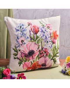 FLORAL SERENADE MIXED FLOWERS POLYESTER/LINEN BLEND PRINTED CUSHION WITH ZIP