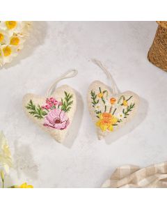 FLORAL SERENADE FLOWER EMBROIDERED POLYESTER/LINEN BLEND HEART HANGER 2 ASST