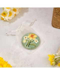 FLORAL SERENADE EMBROIDERY DAFFODIL AND GLASS BEADS ROUND POCKET MIRROR WITH VOILE POUCH