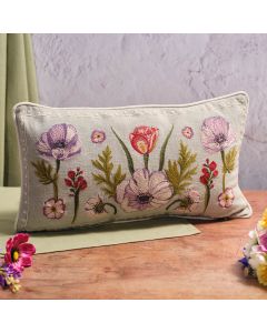 FLORAL SERENADE 100% COTTON MIXED FLOWERS EMBROIDERED RECTANGULAR CUSHION