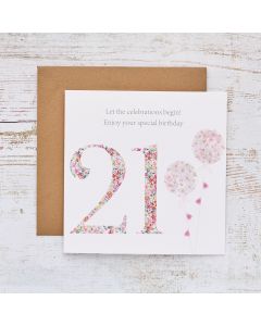 21ST BIRTHDAY CARD PINK DITSY FLORAL WITH BALLOONS