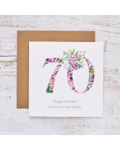 70TH BIRTHDAY CARD WHITE WITH PURPLE FLORAL NUMBERS