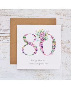 80TH BIRTHDAY CARD WHITE WITH PURPLE FLORAL NUMBERS