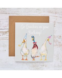 DUCK BIRTHDAY CARD GREY WITH PARTY HATS & BOW TIE GO QUACKERS