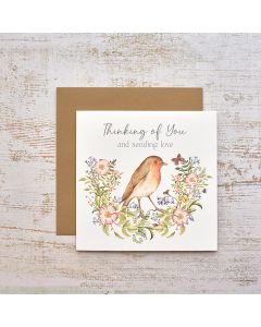 GARDEN BIRDS ROBIN WITH FLOWERS THINKING OF YOU CARD