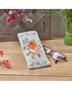 GARDEN BIRDS FLOWER EMBROIDERY AND GLASS BEADED ROBIN GLASSES CASE