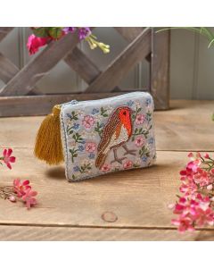 GARDEN BIRDS FLOWER EMBROIDERY AND GLASS BEADED ROBIN TASSEL COIN PURSE